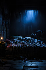 A dimly lit bedroom scene illustrating insomnia background with empty space for text  - obrazy, fototapety, plakaty