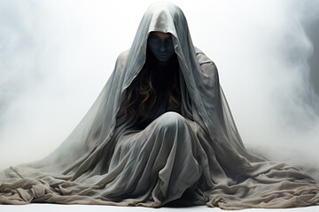 A shrouded figure depicting fear and anxiety isolated on a white background 