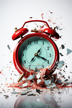 A Smashed Alarm Clock Symbolizing Insomnia Isolated On A White Background 