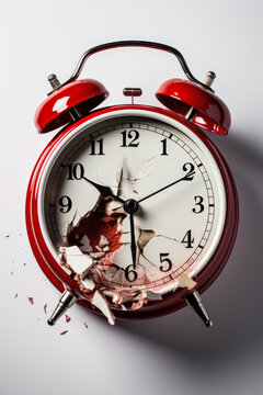 A Smashed Alarm Clock Symbolizing Insomnia Isolated On A White Background 