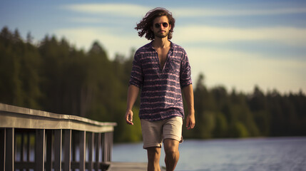 Portrait of attractive man wearing t-shirt and sunglasses standing near the lake