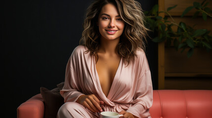 Empowering image featuring a confident woman in plush robe, enjoying herbal tea and reading a business magazine on plain background. Epitome of wellness, aspiration & sophistication. - obrazy, fototapety, plakaty