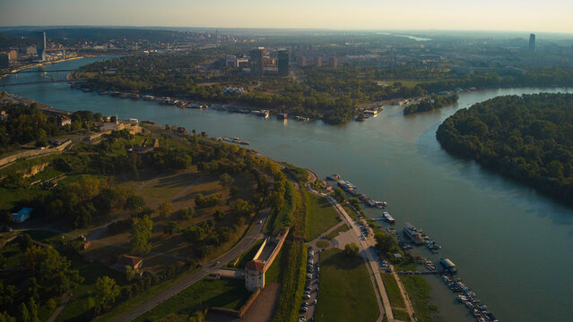Aerial view of Belgrade rivers and cityscape, Serbia.