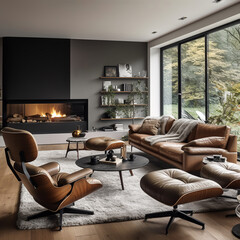 Brown leather chairs, grey sofa, fireplace, mid-century style, home interior design of modern living