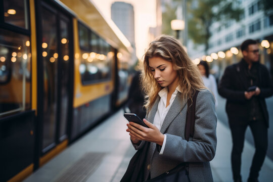 Businesswoman Busy On Mobile Phone Out Of The Office While Waiting For The Bus