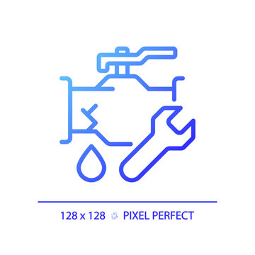 2D pixel perfect gradient pipeline leakage icon, isolated vector, blue thin line illustration representing plumbing.