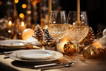 Christmas table decoration closeup, Xmas ball and festive holiday place setting