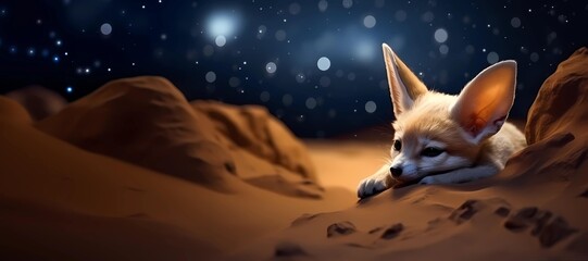 Obraz na płótnie Canvas Little fennec fox cub getting sleepy on the sahara desert sand by nighttime on a night starry sky background, bedtime wallpaper, Horizontal format 9:4
