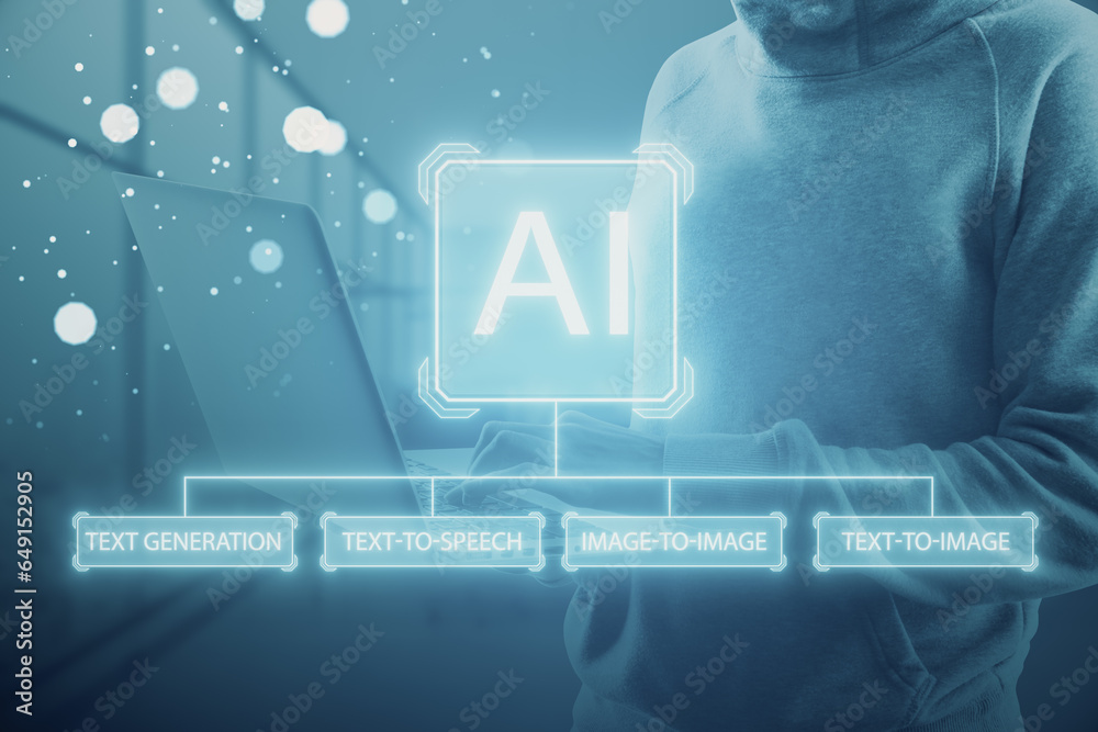Poster Hacker using laptop with creative AI interface on blurry background. Artificial intelligence, innovation and robotics concept.