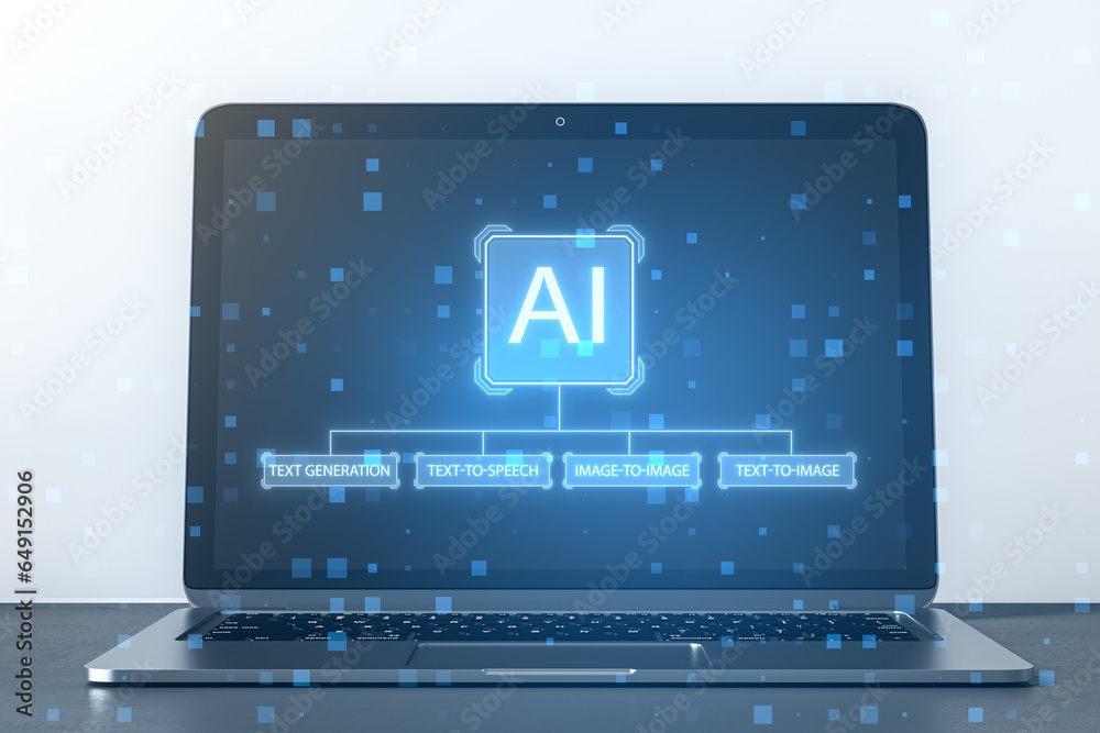 Wall mural close up of laptop with creative ai interface on blurry light background. artificial intelligence, i