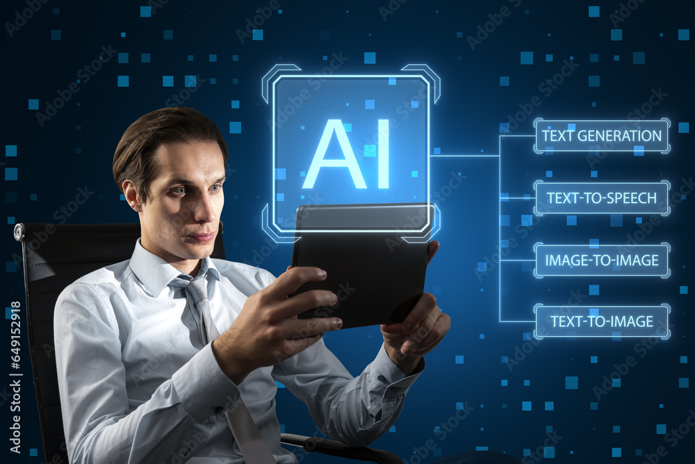 Poster attractive young european businessman sitting and using tablet with creative ai interface on blurry 