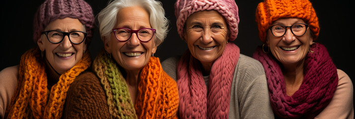 Vibrant gathering of delightfully joyful grandmothers in cozy, hand-knitted woolen sweaters. Displaying unity and warmth during a traditional knitting circle on a plain background.