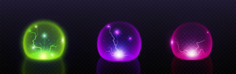 Protect sphere shield, 3d dome bubble barrier effect. Abstract energy circle glass field with light and thunder. Cyber safety technology cover concept. Ai defence glow thunderbolt round element.