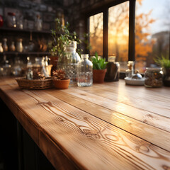 Naklejka na ściany i meble Empty wooden kitchen table against a background of defocused kitchen interior