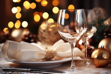 Christmas table decoration closeup, Xmas ball and festive holiday place setting