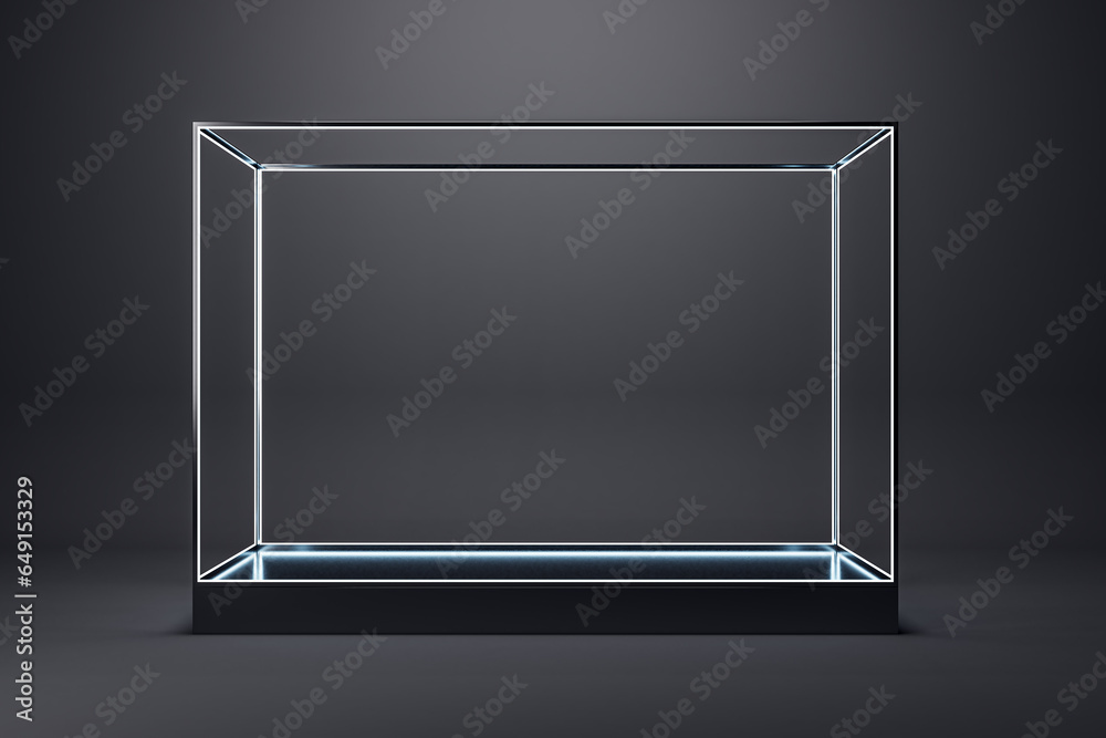 Poster creative blank glass showcase on dark black background. products presentation and purchase concept. 