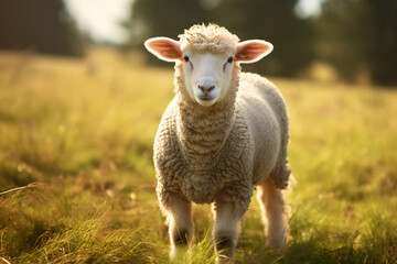 portrait of a small adorable lamb in the field at sunlight
