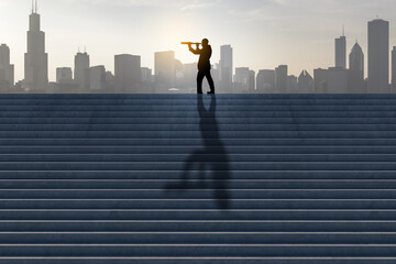 Side view of businesswoman silhouette with telescope looking into the distance on stairs with shadow and city skyline in the background. Success, tomorrow, future and vision concept.