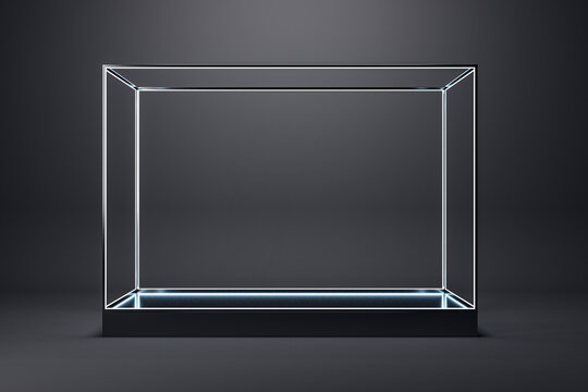 Creative blank glass showcase on dark black background. Products presentation and purchase concept. Mock up, 3D Rendering.