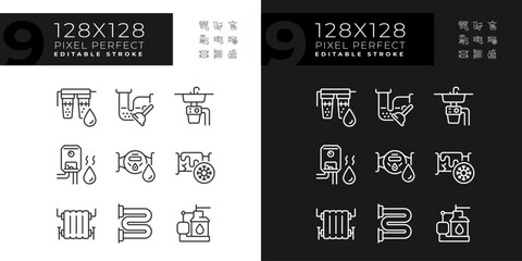 Pixel perfect dark and light icons representing plumbing, editable thin line illustration set.