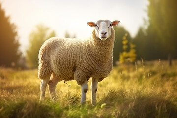 Naklejka na ściany i meble portrait of a small adorable lamb in the field at sunlight