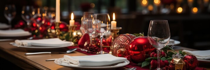 Fototapeta na wymiar Christmas table decoration closeup, Xmas ball and festive holiday dinner setting, banner