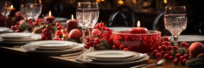 Christmas table decoration closeup, Xmas ball and festive holiday dinner setting, banner
