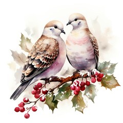 Winter birds in a tree. Christmass on pure whitebackground. Generative Ai