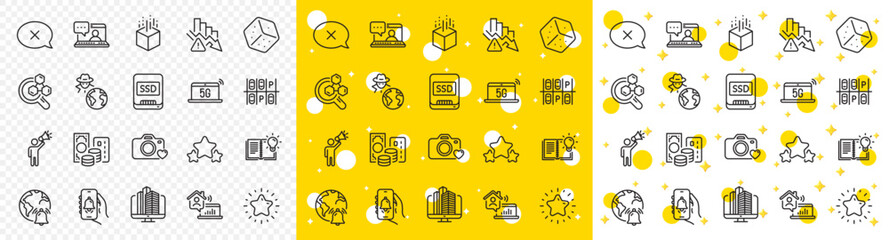 Outline Enterprise, Bell alert and Chemistry lab line icons pack for web with Augmented reality, Credit card, Stars line icon. Dice, Brand ambassador, Friends chat pictogram icon. Star. Vector