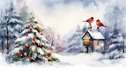 Naklejka premium Christmas and New Year card with bird and trees