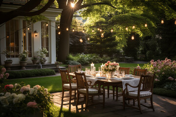 Fototapeta na wymiar photo of an elegantly set outdoor dining area within a garden, featuring a beautifully arranged table for a romantic or upscale dining experience