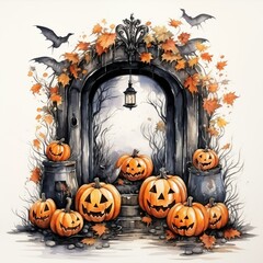Halloween door entrance with pumpkins and Halloween decorations