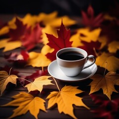  Cup of tea with autumn leaves.