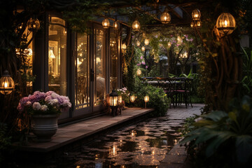 Fototapeta na wymiar photo capturing the serenity and magic of an elegant garden at night, with soft lighting creating an enchanting atmosphere for an evening stroll