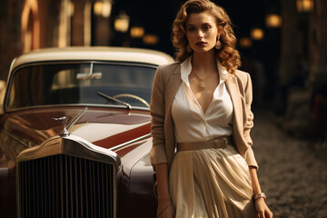 girl standing beside a luxurious vintage car, dressed in a sophisticated old money-inspired outfit, embodying the glamour and charm of a bygone era