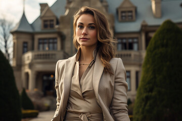 Fototapeta premium girl posed in front of a grand, historic mansion, her old money-style clothing harmonizing with the architectural elegance of the setting