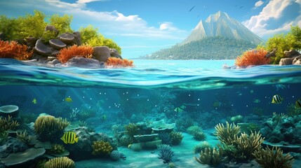 marine volcanic coral reefs illustration summer travel, nature landscape, ocean tropical marine volcanic coral reefs 54 - obrazy, fototapety, plakaty