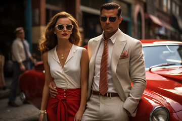 couple standing beside a vintage luxury car, their old money-inspired outfits harmonizing with the classic automobile, symbolizing a bygone era of glamour and refinement