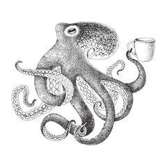 Illustration of octopus holding a coffee cup