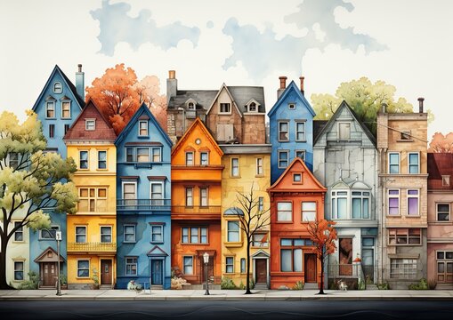 Colorful cartoon illustration houses in a row