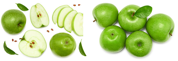 green apples with green leaf and slices isolated on a white background. clipping path. top view