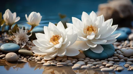 Fotobehang Sand white lotus and spa stones in zen garden © Алина Бузунова