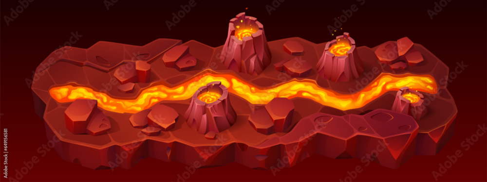 Wall mural volcano road ui mobile game level map cartoon background. gui volcanic eruption with lava path templ