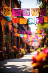 Colorful Papel Picado banners fluttering in Day of the Dead festivities 