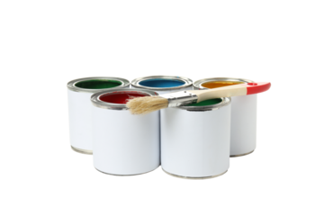 PNG, Cans with paint and brush, isolated on white background