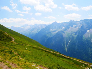 View on jagged mountains of Zillertal alps on a summer day