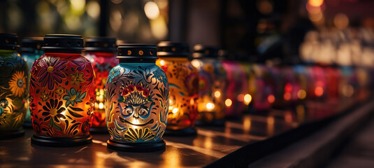 Fototapeta na wymiar Luminous candles and lanterns casting soft shadows in Day of the Dead night scene 