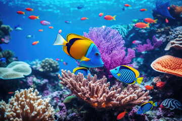 Underwater with colorful sea life fishes and plant at seabed background, Colorful Coral reef landscape in the deep of ocean. Marine life concept, Underwater world scene. - obrazy, fototapety, plakaty