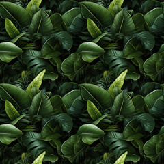 Bright green seamless pattern of different tropical forest leaves. Patterns for napkins, textiles, panels, tiles. Copy space