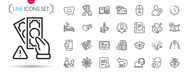 Fototapeta premium Pack of Credit card, Vanadium mineral and Versatile line icons. Include Bribe, Face protection, Open box pictogram icons. Love message, 24h service, Smartphone message signs. Vector